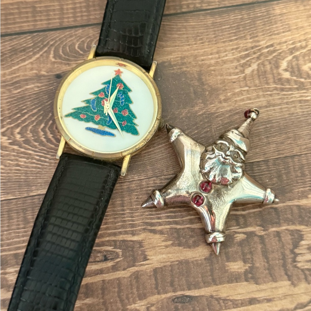 Vintage Holiday Bundle Santa Pin Christmas Tree Watch